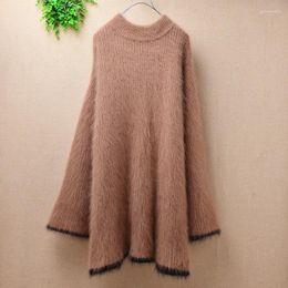 Women's Sweaters Top Plush Mink Cashmere O-neck Pullover Angora Fur Loose Knitted Sweater Flare Sleeve Slim Fashion Dress