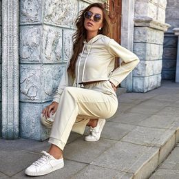 Running Sets Casual Women's Two Piece Outfits Autumn Solid Colour Tracksuits Long Sleeve Hoodies Crop Top Joggers Pants Set Female