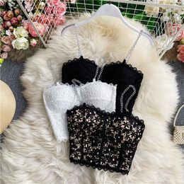 Women's Tanks Slim White Black Lace Camisole Crop Tops Women Sleeveless Summer Short Bralette Top Off Shoulder Bandage Sexy C7088