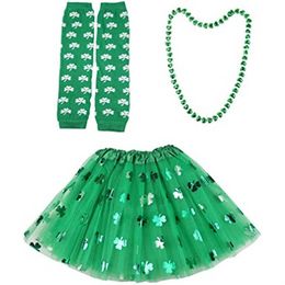 Party Decoration Set Clover Printed Mesh Skirt Necklace Arm Warmer Dress up for Lady Girl Festival CPA4457