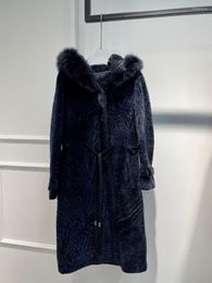 Women's Leather 2022 Latest Winter Warming Dark Blue Fur Hooded Midi-length Coats Ladies Top Quality Shearling Jackets With Fringe Belt