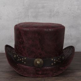 Berets 3Size Women Men Leather Top Hat President Lday Fedora Magic Flat Steampunk Cosplay Pork Pie Party Caps Dropshiping 13CM