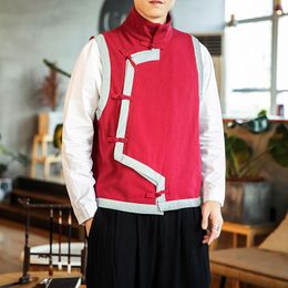 Men's Vests 2022 Autumn Winter Men Cotton Padded Mens Chinese Style Harajuku Vest Jacket Male Hanfu Sleeveless Cardigan Waistcoat