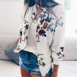 Women's Wool Blends Oversized 5XL Bomber Short Jacket Autumn Women Pockets Zipper Long Sleeve Coat Female Flower Printed White Woman 221110