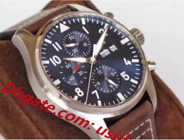 Classic Men Watch VK Quartz Chronograph Pilots Stainless Steel Daydate Sapphire Brown Leather Blue Dial Sport Watches