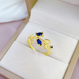 Wedding Rings 14K Gold Plated Leaf Flat Fashion Simple Adjustable Sapphire Luxury Finger Ring Elegant CZ Women Party Jewellery