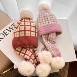 Hats Scarves Sets Winter Warm Plaid Pompom Baby Hat and Scarf Kids Thick Soft Knitted Neckerchief Accessories Children Beanie Boys Girls 221110
