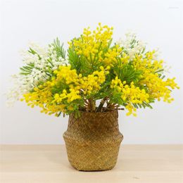 Decorative Flowers 37cm 6pcs Artificial Tree Branch Tropical Plants Plastic Persian Leaves Fake Mimosa Flocking Acacia For Home Wedding Desk