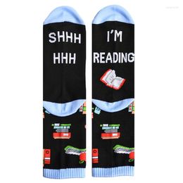 Men's Socks Women Men Funny Saying Novelty Cotton Crew Shhh I Am Reading Letters Cartoon Books Printed Mid Tube Stockings Xmas Gifts