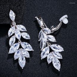 Backs Earrings ThreeGraces Sparkling Marquise Cut CZ Crystal Bridal Wedding Long Drop Clip On For Women Non Pierced Ear Jewelry EJ0032