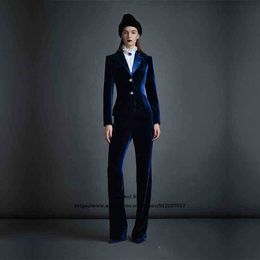 Terno marinho azul veludo feminino feminino escritório ladies negócios formal blazer j220823