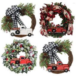 party themes decorations UK - Christmas Decorations Artificial Wreath With Bow Tie Red Berries Trucks Winter Themed Round Front Door Hanging Decor For Party