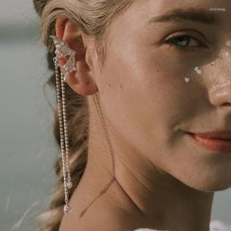 Backs Earrings MENGJIQIAO Korean Elegent Shell Pearl Butterfly Clip For Women Fashion Rhonestone Long Tassel Ear Cuff Jewellery