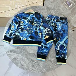 High end children's clothing spring and autumn new round neck ocean blue print design casual suit pants twopiece set