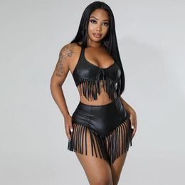 Women's Tracksuits Sexy Tassel Womens Two Peice Sets Summer Beach Outfit Halter Crop Top And Shorts Suits Holiday Party Club Matching