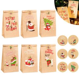 Gift Wrap 24Sets Merry Christmas Kraft Paper Bags Santa Claus Snowman Holiday Party Favour Bag With Stickers