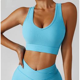 Yoga Outfit Sexy V Neck Racerback Ribbed Sports Bras Women Wide Strap Naked Feel Gym Workout Fitness Crop Tops With Removable Chest Pad