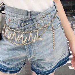 Designer Chain Belt with Letter Diamond Womens Dress Accessories Luxury Waist Belts for Woman Link Chains Womens Gold Waistband Belts Fhm