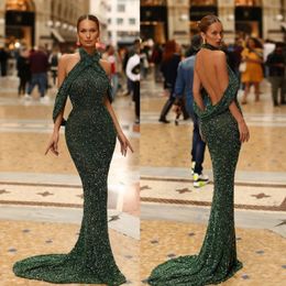 Sparkly Mermaid Prom Dresses Sequined Backless Evening Gowns Halter Neckline Sweep Train Plus Size Formal Dress