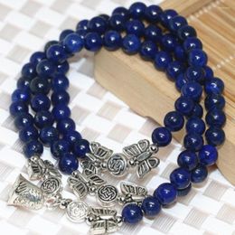 Strand Natural Stone Blue Lapis Lazuli Multilayer Bell Pendant Long Bracelets 6mm Round Beads Silver-color Women Jewellery B2240