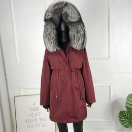 Women's Fur Parka Coat Jacket Real Liner Silver Collar Women Winter Casual Fashion Warm Overcoat Detachable