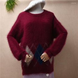 Women's Sweaters Female Women Autumn Winter Hairy Plush Mink Cashmere Knitted Long Sleeves Plaid Loose Pullover Angora Fur Jumper Sweater