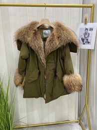 Women's Fur Big Real Raccoon Collar Women Parka Keep Warm Down Jacket Army Green Full Pelt Loose Oversize Coats