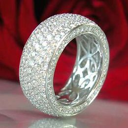 Hip Hop Wedding Rings Luxury Jewellery 925 Sterling Silver Pave Round Cut White Topaz CZ Diamond Gemstones Party Women Engagement Band Ring For Lover Gift