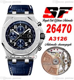 SF 42mm 2647 A3126 Automatic Chronograph Mens Watch Steel Case Black Textured Dial Blue Leather Strap With White line Super Edition Puretime C3