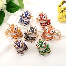 Rhinestone Chinese Lion Dance Keychain Alloy Bag Car Key Ring Fashion Jewelry Cute Cartoon Keychains Accessories