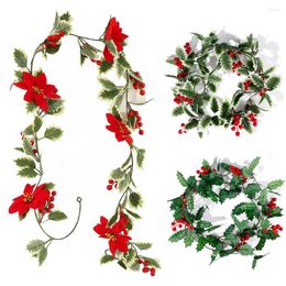 Decorative Flowers 200CM Artificial Holly Leaves Merry Christmas Red Berries Vine DIY Xmas Tree Garland Wreath Hanging Ornament For Home