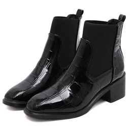 fashion women Boots leather Autumn Winter New Short Boots Chic Crocodile Women's Chelsea Thick Heel Martin woman shoes