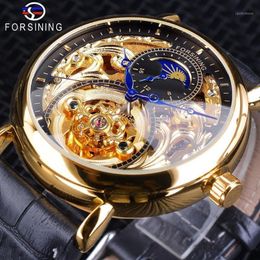 Forsining Golden Skeleton Clock Male Moon Phase Fashion Blue Hands Waterproof Men's Automatic Watches Top1222l