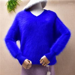 Women's Sweaters Ladies Women Fashion Blue Hairy Plush Mink Cashmere Knitted Long Sleeves Split V-neck Loose Pullover Angora Fur Jumper