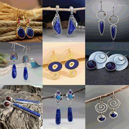 Dangle Earrings Ethnic Round Lapis Lazuli Vintage Jewellery Metal Silver Colour Carved Water Drops Blue Stone Pendants Women's