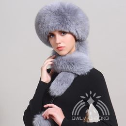 Berets Genuine Fur Hat Women Rex Cap Scarf Thicken Winter Warm Girl Fashion Russia Scarves