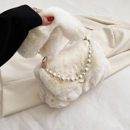 Evening Bags White Fashion Beads Chains Women Shoulder Female Winter Plush Underarm Fluffy Tote Small Purse