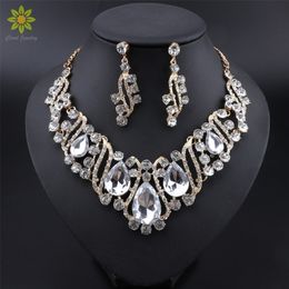 Wedding Jewelry Sets Crystal Pendant Statement Necklace Earrings Gold Color Chian Bridal Party Choker Jewellery Gifts for Women 221109
