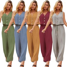 Women's Two Piece Pants Summer Set Ladies Fashion Casual Outfit Suit Women Sleeveless Tops Frayed Cotton Linen Vest Wide Leg Mujer