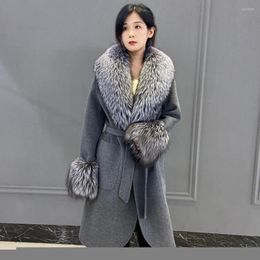 Women's Fur Wool Blend Coat Jacket With Natural Collar And Cuffs Winter Warm Fashion Knee-Length Cardigan 2022 Arrival