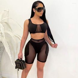 Women's Tracksuits Sheer Mesh Skinny Sexy Shorts Set Women Colour Patchwork See-through Bodycon 2 Piece Club And Tank Crop Top