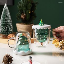 Mugs Christmas Tree Double-layer Glass Insulation Cup Coffee Milk Household Transparent Water With Lid Girl Creative Gift