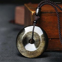 Pendant Necklaces 30mm Natural Gold Obsidian Nelace Jewellery For Women Men Round Dout Peace Bule Crystal Stone Beads Rope Chains