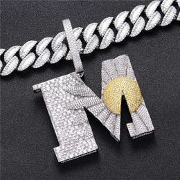 New Trendy White Gold Plated Full Bling CZ Letter M Pendant Necklace for Men Women Fashion Bar DJ Hip Hop Jewelry