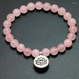 Strand Natural Pink Crystal Bracelet Healing Biddha Charm Bracelets Wrist Mala Beads Stone Lotus Yoga Chakra Jewelry Women