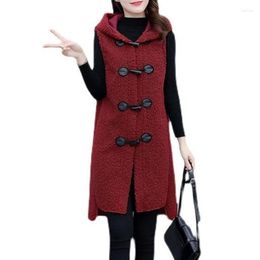 Women's Vests 5XL Women Lamb Wool Vest 2022 Autumn Winter Mid-length Waistcoat Female Hooded Sleeveless Coat Warm Jacket