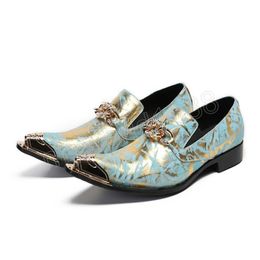 Genuine Leather Business Dress Mens Shoes Print Trendy Pointed Toe Wedding Shoes Metal Flower Hoop Career Work Loafer Shoe