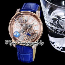 BZF Astronomia Tourbillon Baguette Swiss Quartz Mens Watch Rose Gold Steel Case Paved Diamonds Skeleton 3D Globe Rotate Dial Blue Leather Strap eternity Watches