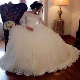 White Ball Gown Wedding Dress Long Sleeves Lace Sequin Appliques Plus Size Formal Bridal Dresses Princess Bateau Wedding Gowns