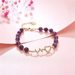 Link Bracelets Zinc Alloy Chain Natural Stone Amethysts Purple Crystal Strand Women's Yoga Healing Jewellery Heart Bangle 7.5inch Y998